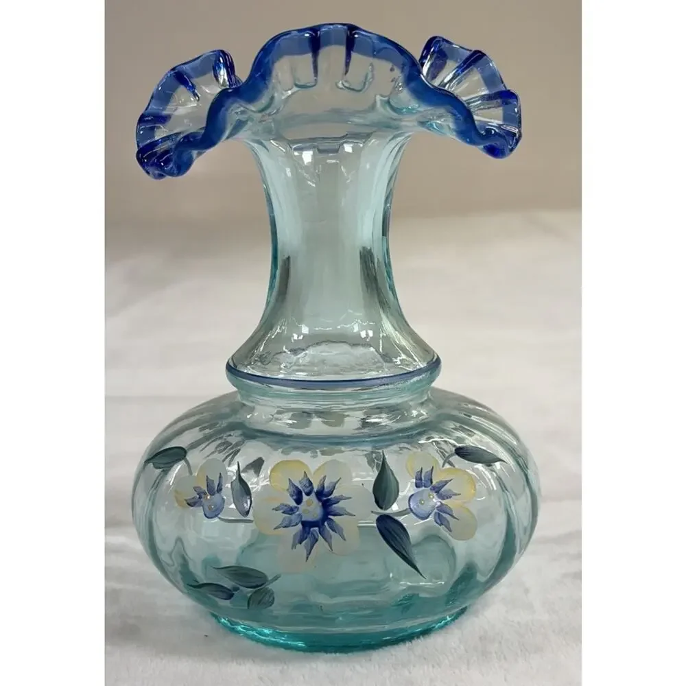 Fenton Vase Cobalt and Aqua Tranquility Hand Painted By DK Brightbill 6.25